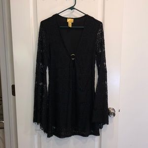 Sexy black lace party dress with bell sleeves